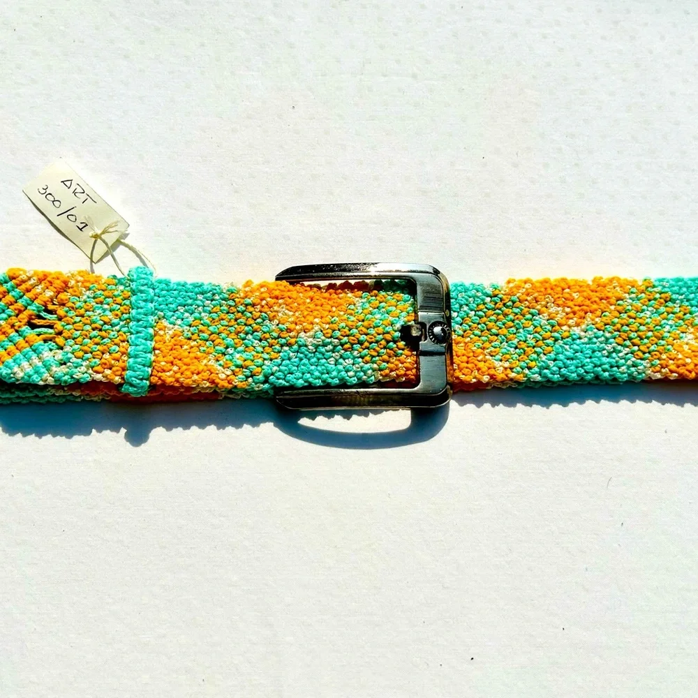 Macrame Belt Aqua Orange Silver Tone Buckle Handcrafted